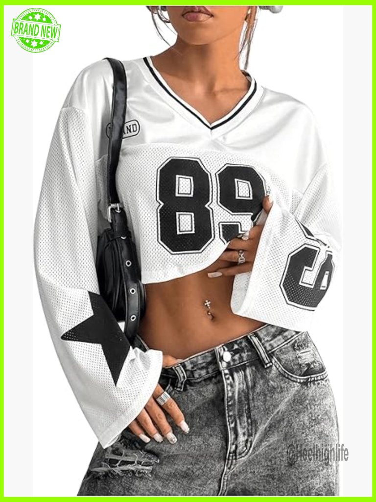 Number Graphic Crop Top Long Sleeve V Neck Y2k 90s